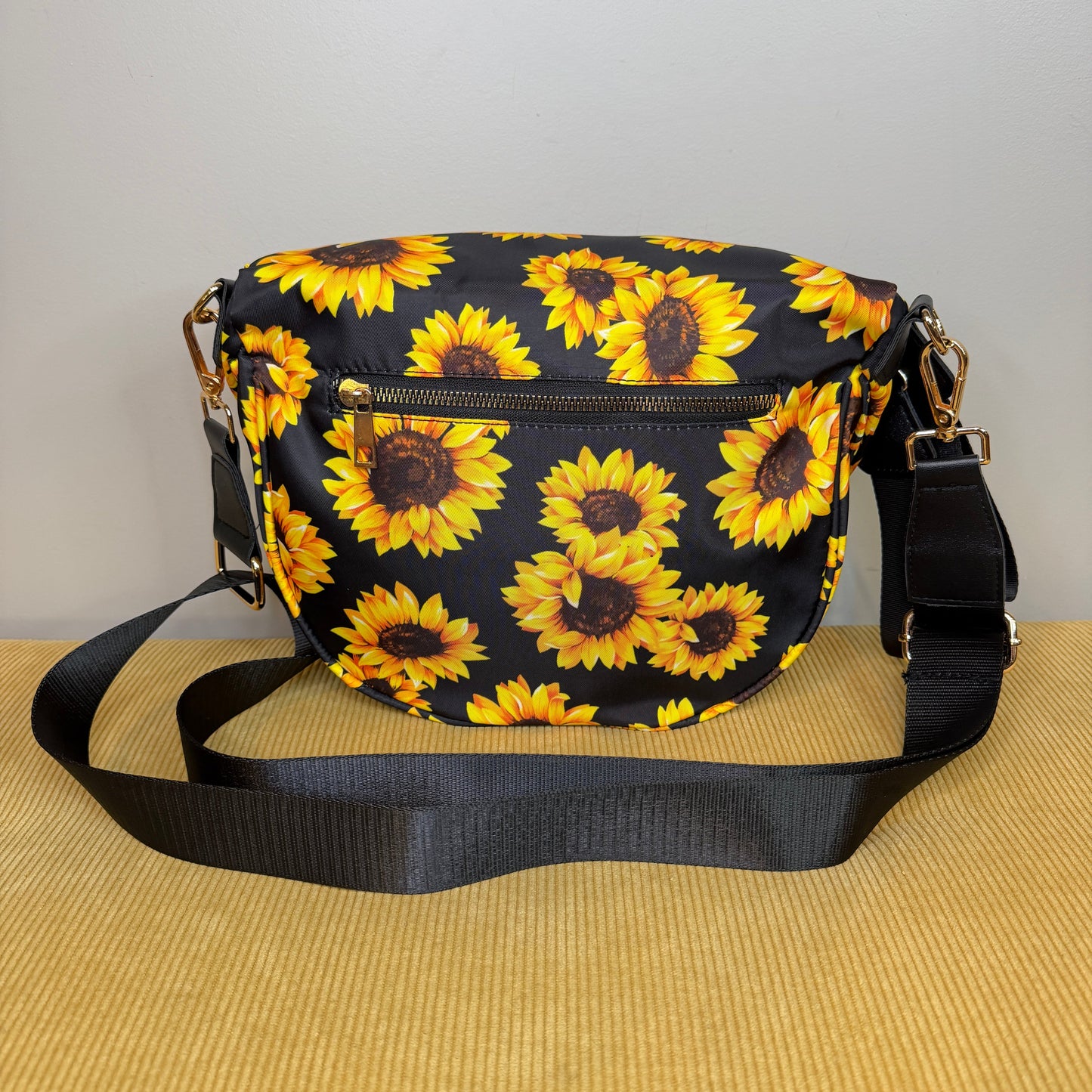 The Roni Nylon Crossbody - Floral Yellow Sunflower on Black
